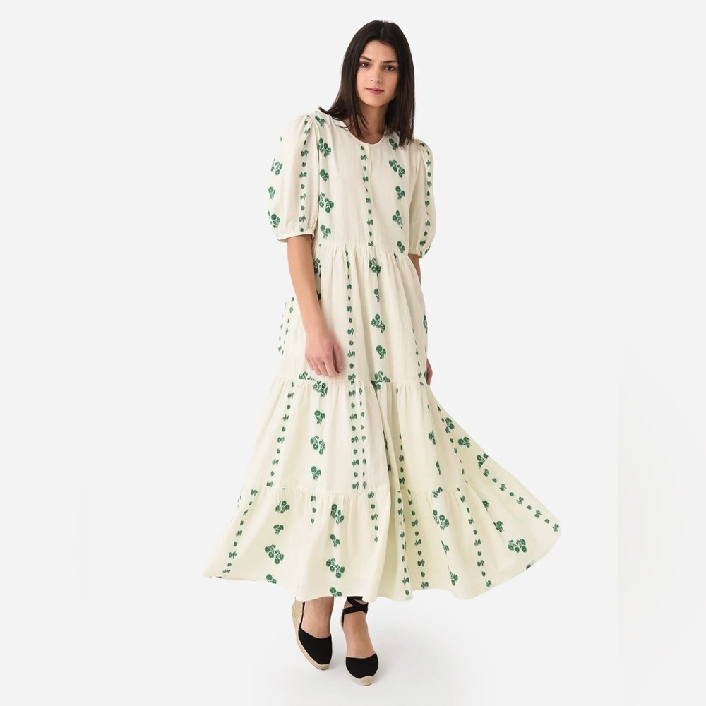 Oliphant Ivory Green Puff Sleeve Maxi Dress V Neck
